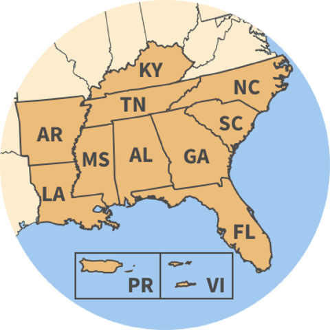 A section of the U.S. map illustrating the southeast region of the united states fish and wildlife service: Arkansas, Mississippi, Alabama, Georgia, South Carolina, North Carolina, Kentucky, Florida, Louisiana, and Tennessee. 