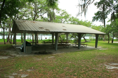 Picnic pavilion at Otter Lake Recreational area on the St. Marks NWR. Otter Lake is in background.