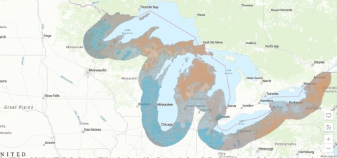Map showing concentration of spring migrants along the western edge of the Great Lakes basin