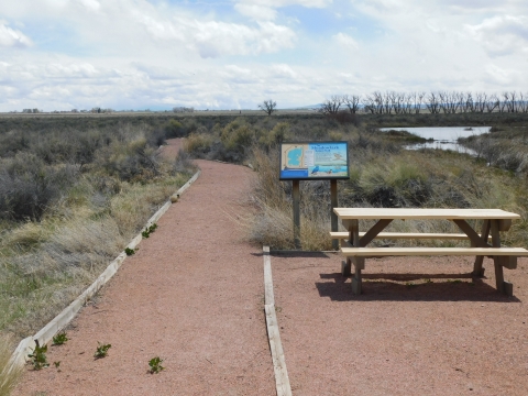 Meadowlark Trailhead with picnic table and interpretive sign on Monte Vista NWR