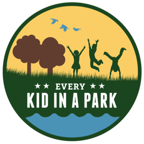 logo reads "every kid in a park" with water in front, grass, kids playing and yellow sky in back