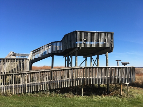 A wooden double decker observation deck with green grass in the foreground and a blue cloudless sky 