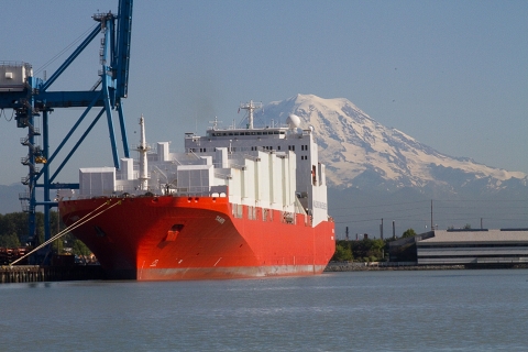 a large, red freighter ship on water with a distant mountain beyond