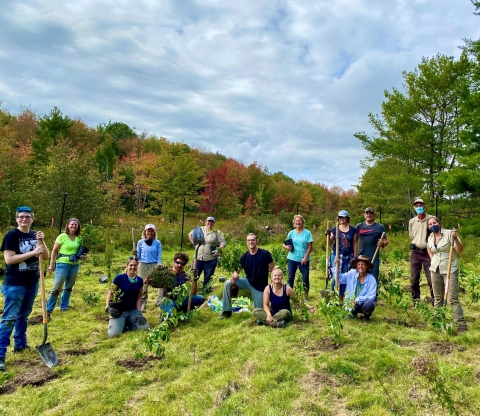 A large group of people with digging tools stand in a meadow surrounded by trees