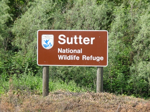 brown and white sign reads "sutter national wildlife refuge"