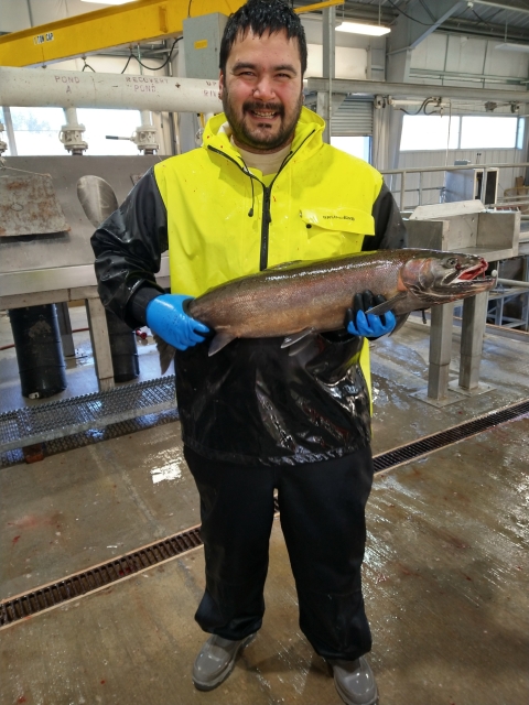 Thomas Johnson with a salmon at Makah National Fish Hatchery in Washington