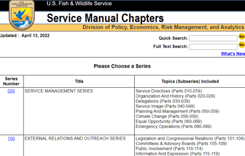 Screen grab of a listing of several chapters in the U.S. Fish and Wildlife Service manual
