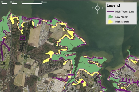 Map outlining high water line, low marsh areas, and high marsh areas along living shoreline site.