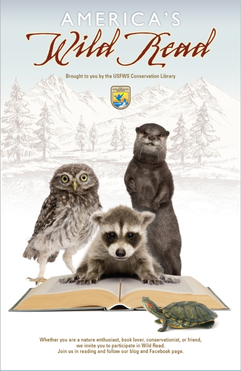 graphic with owl, beaver, racoon, and turtle surrounding an open book with forest and hills in background