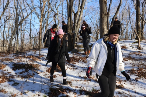 A group of people walk down a wooded hillside in winter. 