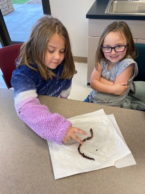 child touching an earthworm