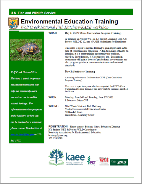 Flyer with information about an Environmental Education Training at Wolf Creek National Fish Hatchery 