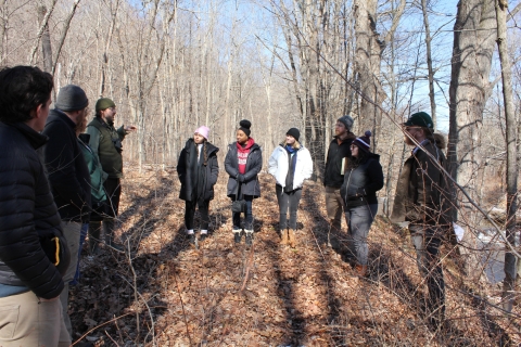 A group of people stand in the forest in winter discussing the landscape and conservation goals. 
