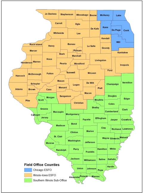 Map of Illinois with Ecological Service Field Office Jurisdiction Highlighted