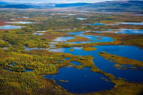 aerial view of sprawling wetlands with hills in the background