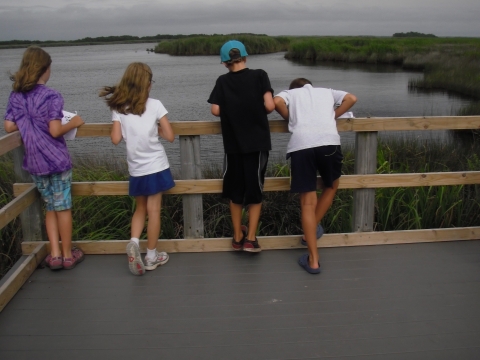 Four kids stand on a dock looking out into the water on a cloudy day.