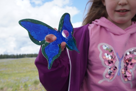 Young girl in a pink sweatshirt and jacket holding a blue hand-colored butterfly mask