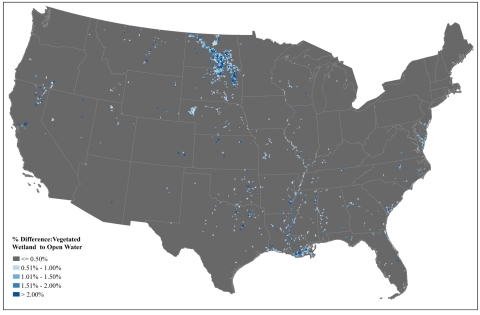 Map of United States outlining vegetated wetland to open water difference.