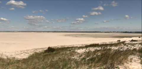 A flat sandy beach stretches as far as the eye can see. To the right, an inlet, partially dried up, is seen. 