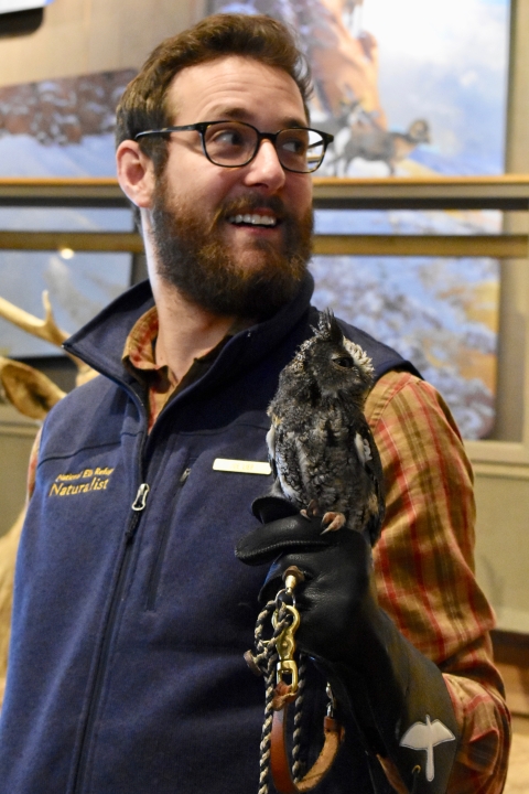 A naturalist holding a small owl.