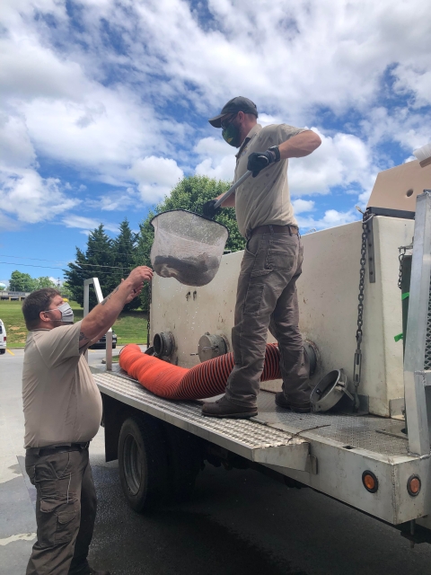 A USFWS employee standing on a truck handing a net full of fish to another USFWS employee on the ground