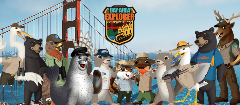 Bay Area Explorer Campaign 2022 banner with cartoon avitars from participating agencies around the bay. The Golden Gate Bridge is in the background