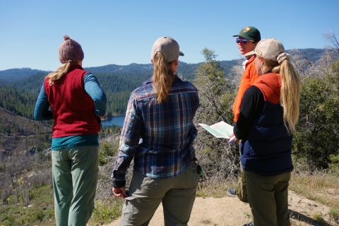 Biologists from US Fish and Wildlife Service and National Park Service look out upon partially burned forest
