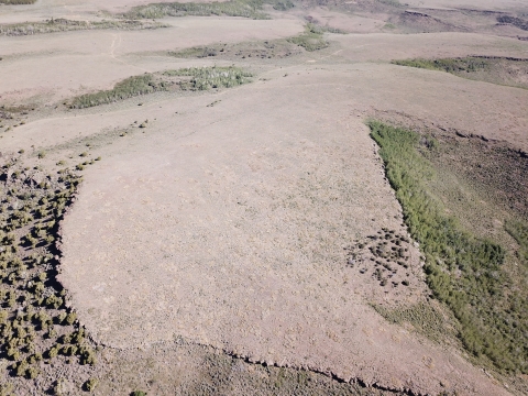 An aerial view of a landscape where trees have been removed through a big strip in the center of the frame. Trees can be seen on the left and right sides. 
