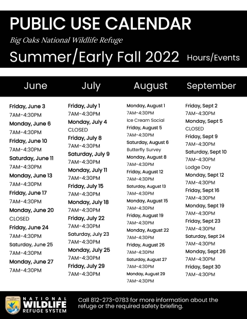 A flyer of days the refuge is open and the dates of events for 2022