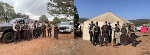 2 photos: Left, people standing in front of vehicles; right, peopole in front of tent