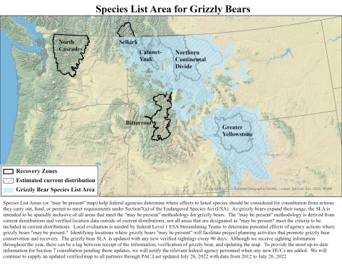 Map of several western states showing Recovery Zones for the grizzly bear, estimated distribution of the grizzly bear, and areas (in light blue) for where grizzly bear ‘may be present’. Last updated 7/26/22.