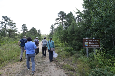 5 people walk down a dirt trail carrying mesh cube tents. A sign on the right with a Fish and wildlife shield says "Karner Blue Butterfly Easement"