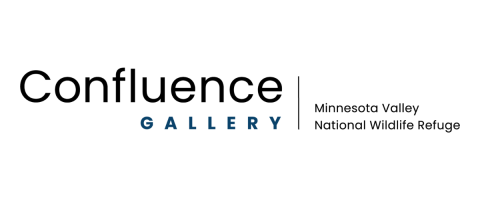 Simple text logo states: "Confluence Gallery, Minnesota Valley National Wildlife Refuge"