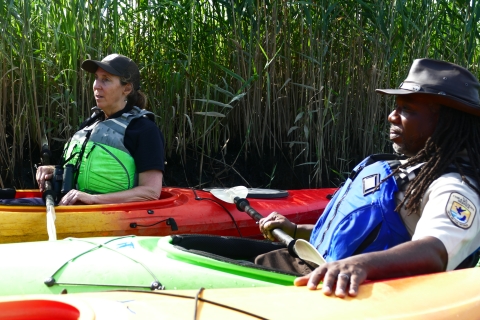 2 people sit side by side in kayaks wearing lifejackets and holding oars. A wall of marsh grass covers the background.