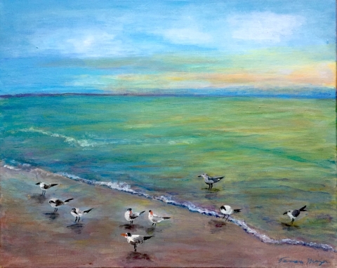 Painting of terns standing in coastal surf