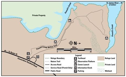 Map of Powell Creek Nature Trail, with legend indicating roads, parking, land, and other map elements.