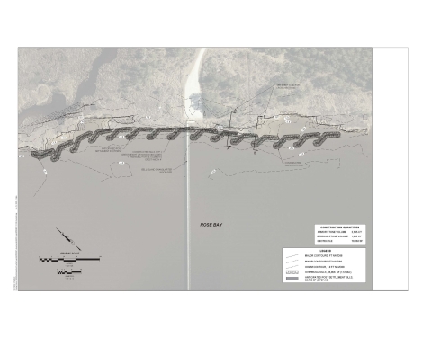 Technical engineering diagram depicting new breakwater structures along the shoreline at Bell Island Pier, Swanquarter NWR. The S-shaped structures extend along .25 miles of shoreline on both sides of the Bell Island Pier.