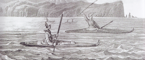 A drawing of two native people sitting in their canoes