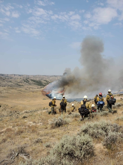 group of firefighters on hillside in front of smoke