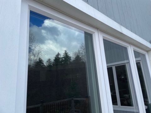glass windows with reflections of trees and clouds