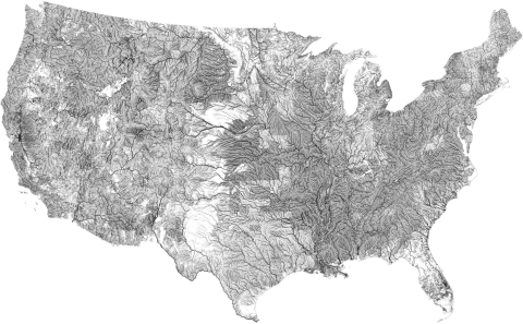 A map of the continental United States with an overlay of the nation's rivers on it.