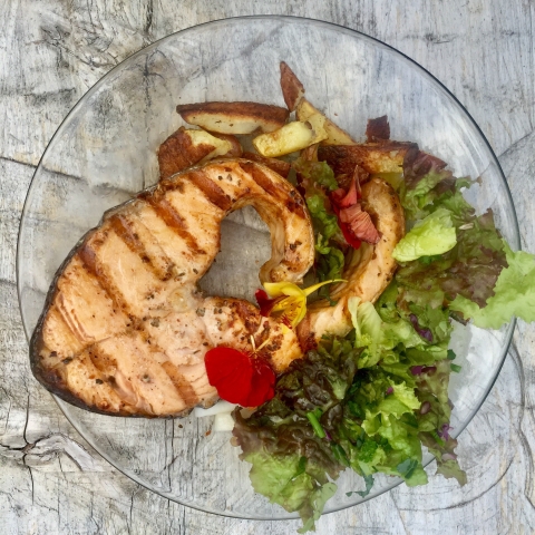 A plate with freshly caught and grilled wild-caught Alaskan salmon with greens.