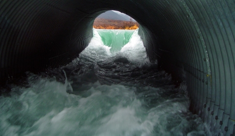 View from inside a culvert with a mass of water pouring into it, creating rapids.