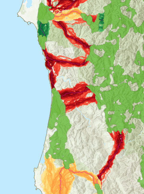 Example map showing three sets of symbolized connectivity corridors from the coastal marten connectivity analysis, in which cost-weighted distance is used to classify corridors as well connected, moderately connected, or poorly connected.