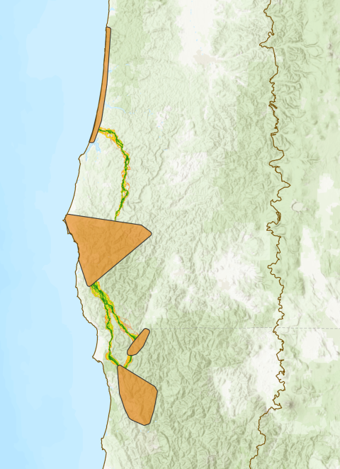 Example map showing symbolized secondary model outputs from the coastal marten connectivity analysis, in which marten extant population areas (EPAs) are used in place of habitat cores.