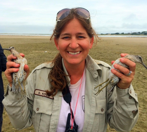 A smiling woman on a beach at low tide holding two medium-size shorebirds, one in each of her hands