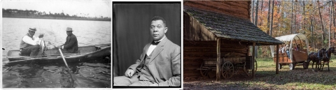 3 photos: 2 Black men in ties and hats in boat; one holds oars, one fish. Portrait of Black man. Stable with empty wagon; covered wagon with people next to it