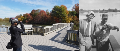 2 photos: young man on boardwalk trail in autumn using binoculars; White man and Black man on viewing platform above water; Black man pointing