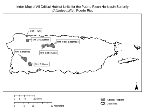 a black and white map showing units of critical habitat for the puerto rican harlequin butterfly