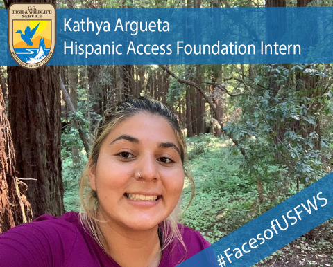A woman in a purple shirt smiling for the camera surrounded by forested trees. A banner a long the top of the image says Kathya Argueta, Hispanic Access Foundation Intern. The U.S. Fish and Wildlife logo appears in the top left corner of the image. A banner along on the bottom right corner of the image reads "#FacesofUSFWS"